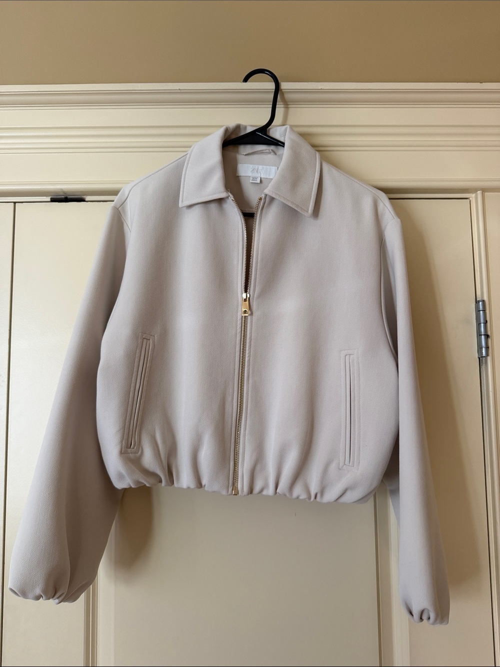 Zara Cropped Bomber Jacket in Light Beige with Gold Zipper